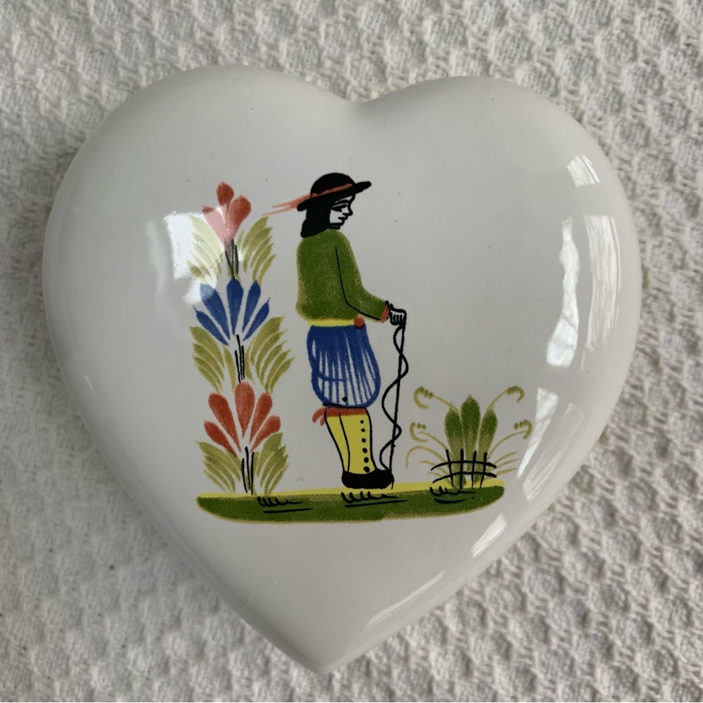 Hand Painted Heart Trinket Box Quimper Style With Breton Man--Italy